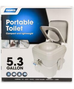 Camco 5.3-Gallon Portable Travel Toilet | Features Detachable Holding Tank w/Sealing Slide Valve & Bellow-Type Flush | Easy Transport w/Compact Lightweight Design & Carry Handle | Gray (41541) 5.3 Gallon 34 81ck 7q1F1L