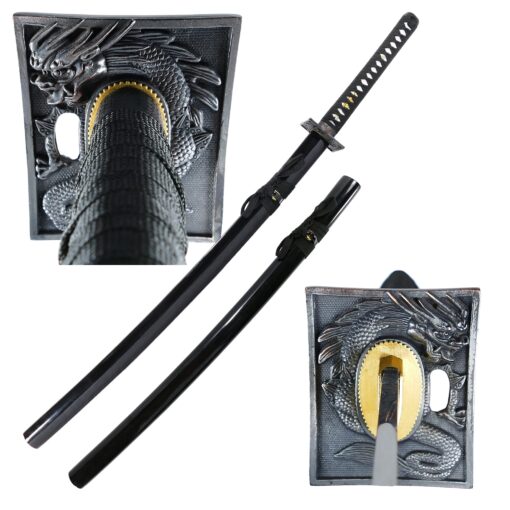 MAKOTO Handmade Sharp Katana Japanese Samurai Sword, Black, Choose Your Tsuba Square Dragon