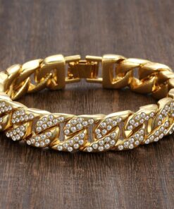 Mens Womens Cuban Link Bracelet Hip Hop Bracelet Stainless Steel Chain Bracelet Iced Out Curb Cuban 18k Gold Plated Bracelet With Clear Rhinestones (A-Gold) 23 81d4aYG2QvL