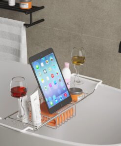 iPEGTOP Stainless Steel Bathtub Caddy Tray - Over Bath Tub Racks Shower Organizer with Extending Sides, Removable Wine Glass Book Holder 22 81dB3mqnrHL