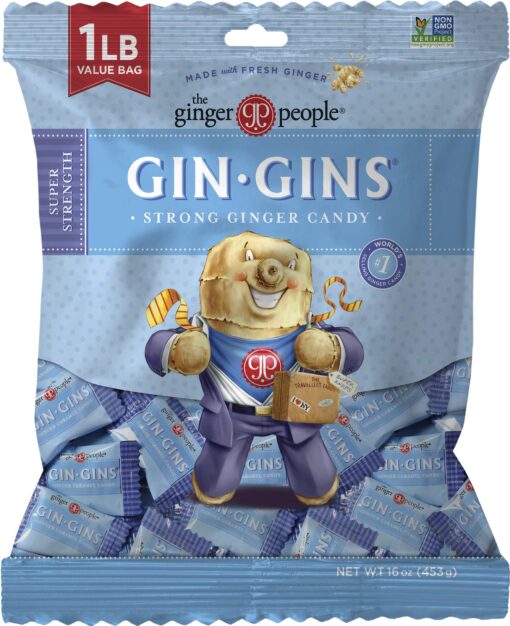 GIN GINS Super Strength Hard Ginger Candy by The Ginger People - Anti-Nausea and Digestion Aid, Individually Wrapped Healthy Candy - Super Strength Ginger Flavor, Large 1 lb Bag (16 oz) - Pack of 1 Super-Strength