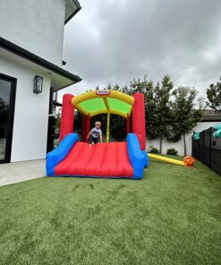 Little Tikes Jump 'n Slide Bouncer with Arched Canopy Overhead Cover, Plus Heavy Duty Blower, Stakes, Repair Patches, and Storage Bag |3-Kid Capacity, Ages 3-8 Years 24 81dinFAM3L