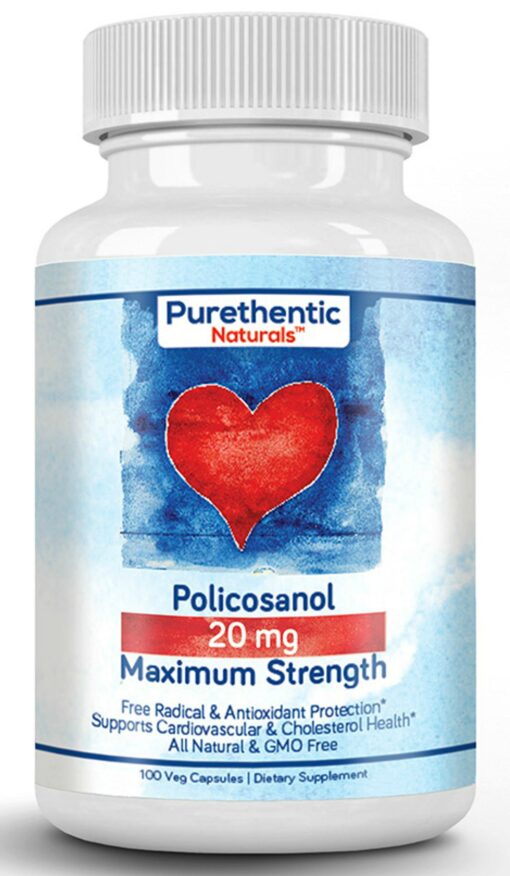 Purethentic Naturals Policosanol for Cholesterol Health Support, 20 MG, 100 Vcaps 1 Pack