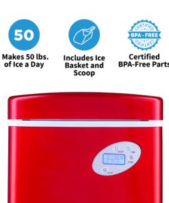NewAir Portable Ice Maker 50 lb. Daily | Red | 3 Size Bullet Shaped Ice | First Batch Under 10 Minutes | Self Cleaning Quiet Operation Countertop Ice Machine | AI-215R 23 81eVZM1FnML
