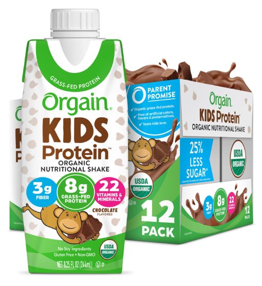 Orgain Organic Kids Nutritional Protein Shake, Chocolate - Kids Snacks with 8g Dairy Protein, 22 Vitamins & Minerals, Fruits & Vegetables, Gluten Free, Soy Free, Non-GMO, 8.25 Fl Oz (Pack of 12) Pack of 12