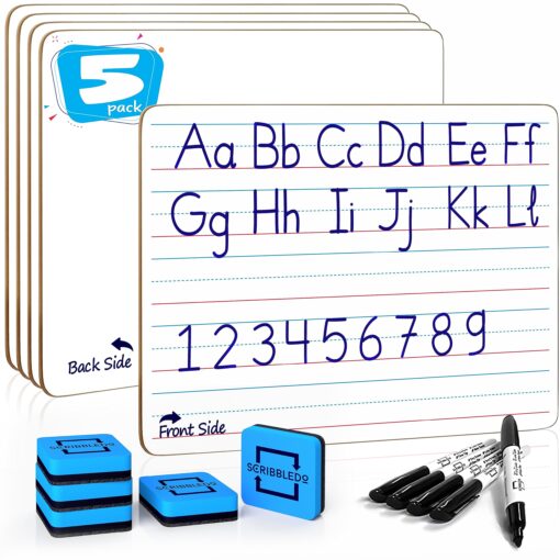 5 Pack Double Sided Whiteboards Lined Dry Erase Board for Kids Ruled Writing Board Handwriting Practice for Kids Small White Board Dry Erase Boards Lines 9x12 Student 5 Dry Erase Markers Included