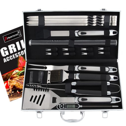 ROMANTICIST 21pc BBQ Grill Accessories Set with Thermometer - The Very Best Grill Gift on Birthday Wedding - Heavy Duty Stainless Steel Grill Utensils with Non-Slip Handle in Aluminum Case 21PCS BLACK