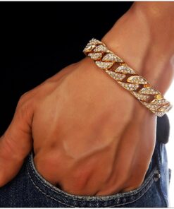 Mens Womens Cuban Link Bracelet Hip Hop Bracelet Stainless Steel Chain Bracelet Iced Out Curb Cuban 18k Gold Plated Bracelet With Clear Rhinestones (A-Gold) 22 81f2US2zo6L