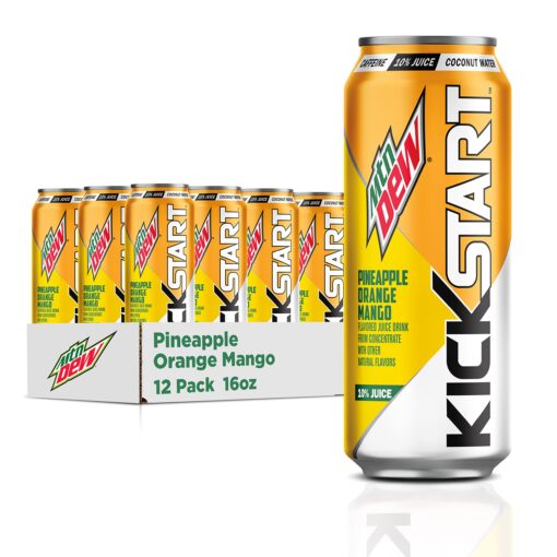 Mountain Dew Kickstart, Pineapple Orange Mango, 90mg Caffeine, Vitamins B & C, 80 Calories, 10% Juice, 16 fl oz (12 Count) 16 Fl Oz (Pack of 12)