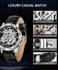 Alternative view of GLEIM Men's Watch, Mechanical Skeleton Steampunk Design Automatic Self-Winding Roman Numeral Silver Case PU Leather Wrist Watch