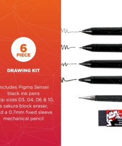 Alternative view of Sakura Pigma Sensei Manga Drawing Kit - Archival Black Ink Pens with Pencil & Eraser - Pens for Drawing Manga, Cartoon, & More - Assorted Nib Sizes - 6 Pack 6-PC Drawing Set
