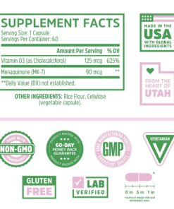 Zhou Nutrition Vitamin D3 K2, Bone and Heart Health Formula 5000 IU Vitamin D3 & 90 mcg Vitamin K2, Max Strength 2 in 1 Immune Support and Calcium Absorption, Gluten Free, 60 Count Capsules 21 81g zeru9yL