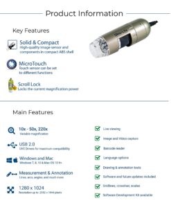 Dino Lite USB Hanheld Digital Microscope, 10x-220x Magnification 0.3MP/1.3MP/5.0MP True Resolution, Windows/Mac/iOS/Android Software Included, Supports PC, Tablet, Mobile Devices 1.3MP MT MS 18 81gAF0MixL