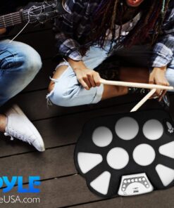 Pyle Compact & Ultra-Thin Portable Machine w/ 9 Electronic Pads, Foot Pedals, Drumsticks, & Power Supply Tabletop Roll Loaded W/Drum Electric Kits & Songs, Headphone Jack 12 81gCqwNfJsL