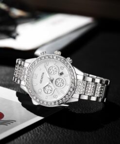 FANMIS Luxury Unisex Pave Floating Crystal Diamonds Calendar Digital Quartz Watch Business Dress Watch Luminous Pointer with Stainless Steel Link Bracelet silver 27 81gGTaC7WaL