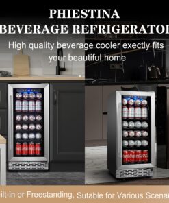 Beverage Refrigerator, Phiestina15 inch 96 Cans Built-in or Freestanding Beverage Cooler Mini Fridge with Auto Defrost,Glass Door & 6 Removable Shelves for Home Bar Office 22.4"D x 14.9"W x 33.9"H Stainless Steel 19 81gW 85624L