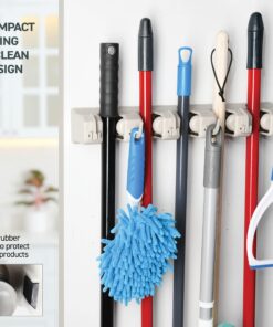 HOME IT Mop And Broom Holder - Garage Storage Systems with 5 Slots, 6 Hooks, 7.5lbs Capacity Per Slot - Garden Tool Organizer For 11 Tools - For Home, Kitchen, Closet, Laundry Room - Off-White 33 81gaSWpVl4L