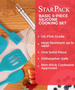StarPack Basic Silicone Cooking Kitchen Utensils Set (5 Piece) - Cooking Utensils Set with Heat Resistance up to 480°F - Large & Small Spatulas, Whisk & Basting Brush Silicone Utensils (Teal Blue) Basics (Heat Resistant 480°F) Teal Blue 12 81gmFSeecWL