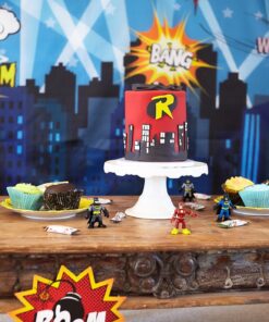 Superheroes Theme Party Photography Backdrop with Prop, Flag & Mask. Super Hero Cityscape Photo Booth Background for Kids Party, Birthday Wall Decorations 4*5.5 feet 24 81h9kraWiUL