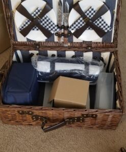 HappyPicnic Extra Large Willow Picnic Basket with Service Set for 4 Persons, Natural Wicker Picnic Hamper with Free Food Cooler, Fleece Blanket and Tableware - Best Gift Modern 21 81h9ow PitL