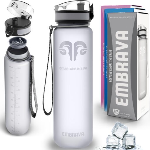 Embrava Best Sports Water Bottle - 32oz Large - Fast Flow, Flip Top Leak Proof Lid w/One Click Open - Non-Toxic BPA Free & Eco-Friendly Plastic - For Men & Women Gray