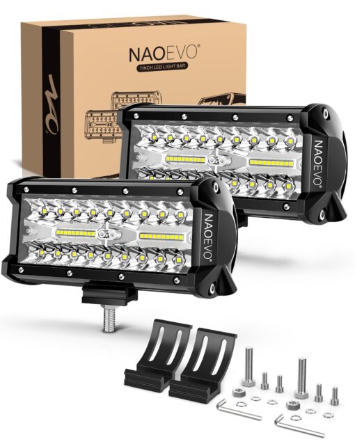 NAOEVO 7 inch LED Light Bar, 240W 24,000LM Offroad Fog/Driving Lights LED Pods with Spot Flood Combo Beam, Waterproof LED Work Lights for Truck Boat UTV ATV Jeep, 2 Pack (White) White