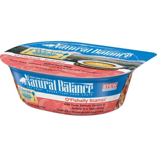 Natural Balance Delectable Delights O'Fishally Scampi - Tuna Salmon, & Shrimp Cat Food | Grain-Free Wet Stew for Cats | 2.5-oz Cup (Pack of 12) Tuna, Salmon, Carrots & Shrimp 2.5 oz