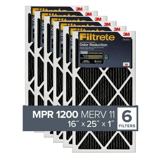 Filtrete 16x25x1 Air Filter, MPR 1200, MERV 11, Allergen Defense Odor Reduction 3-Month Pleated 1-Inch Air Filters, 6 Filters 6-Pack