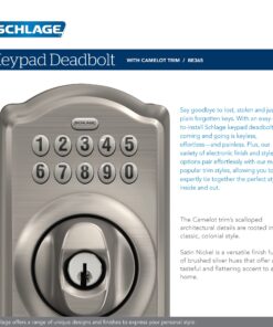 Schlage BE365 V CAM 619 Camelot Keypad Deadbolt, Electronic Keyless Entry Lock, Satin Nickel 24 81hbaZsJxYL 1