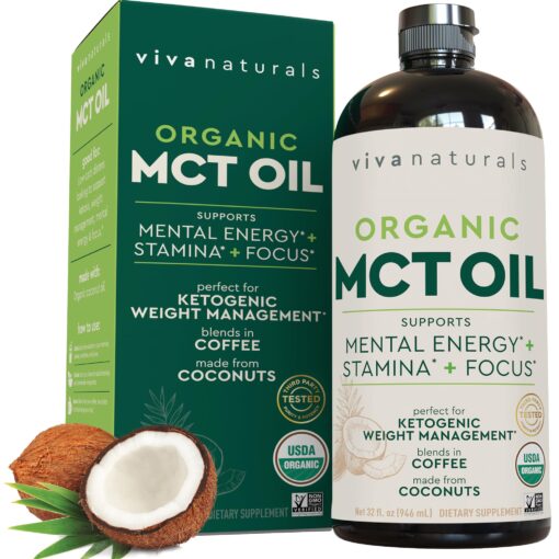 Viva Naturals Organic MCT Oil for Keto Coffee (32 fl oz) - Best MCT Oil Supplement to Support Energy and Mental Clarity, USDA Organic, Non-GMO and Paleo Certified & Keto Friendly 32 Fl Oz (Pack of 1)