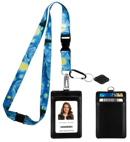 Vincent Van Gogh The Starry Night Print Lanyard with PU Leather ID Badge Holder Wallet with 3 Card Pockets, Safety Breakaway Clip & Matching Note Card. Gift of Carabiner Keychain Flashlight. Breakaway + Keychain Light