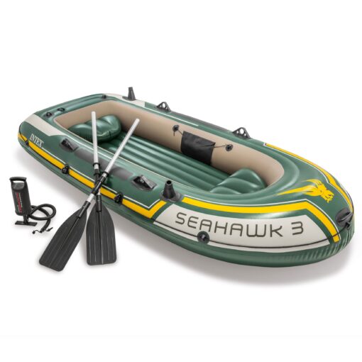 INTEX Seahawk Inflatable Boat Series: Includes Deluxe Aluminum Oars and High-Output Pump – SuperStrong PVC – Fishing Rod Holders – Heavy Duty Grab Handles – Gear Pouch Seahawk 3 Boat Set