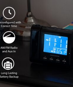 Magnasonic Projection Alarm Clock with AM/FM Radio, Battery Backup, Auto Time Set, Dual Alarm, Nap/Sleep Timer, Indoor Temperature/Date Display with Dimming & 3.5mm Audio Input - Black (EAAC601) 28 81i6S3UB78L 2