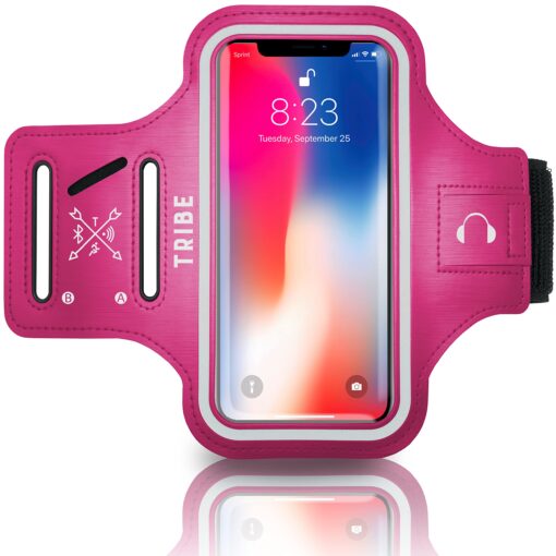 TRIBE Water Resistant Cell Phone Armband Case Running Holder for iPhone Pro Max Plus Mini SE (13/12/11/X/XS/XR/8/7/6/5) Galaxy S Ultra Plus Edge Note (21/20/10/9/8/7/6/5) Adjustable Strap & Key Pocket Dark Pink S: iPhone Mini/8/7/6/5/4/3/SE/Galaxy Mini