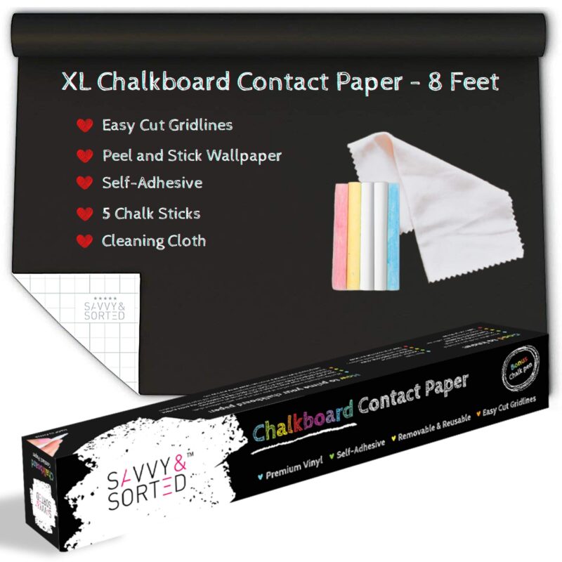 Catalog 1 Black Chalkboard Contact Paper Roll - 8 FT Chalk Board Paper Roll Peel & Stick with Chalk Sticks - 17 x 96in Chalkboard Sticker Paper - Removable Black Sticker Self Adhesive Wallpaper Blackboard Decal
