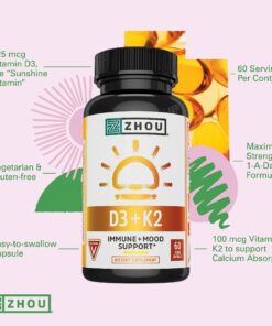 Zhou Nutrition Vitamin D3 K2, Bone and Heart Health Formula 5000 IU Vitamin D3 & 90 mcg Vitamin K2, Max Strength 2 in 1 Immune Support and Calcium Absorption, Gluten Free, 60 Count Capsules 23 81ijn8584VL