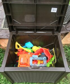 Suncast 22-Gallon Small Deck Box - Lightweight Resin Indoor/Outdoor Storage Container and Seat for Patio Cushions, Gardening Tools and Toys - Store Items on Patio, Garage, Yard - Mocha Wicker Mocha Wicher 40 81iwk8e0EWL