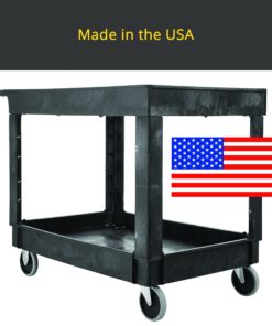 Rubbermaid Commercial Products 2-Shelf Service/Utility Cart with Wheels, 300-Pound Capacity, Black, Lipped Shelves with Handle, Use in School/Restaurant/Warehouse/Manufacturing Small 22 81j5NmdRDEL