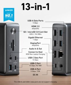 Anker Docking Station, Anker 575 USB-C Docking Station (13-in-1), 85W Charging for Laptop, 18W Charging for Phones, Triple Display, 4K HDMI, 10 Gbps USB-C and 5 Gbps USB-A Data, Ethernet, Audio, SD 27 81j6EZibbKL
