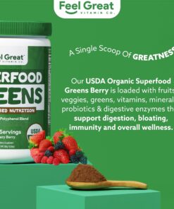 The Feel Great Vitamin Company USDA Organic Superfood Greens Powder - Berry Flavor, Vegan Organic Super Greens, Fruit and Vegetable Supplement, Enzymes & Probiotics. Greens and Superfoods Supplement. Adult Berry 10 81jBGwTHFaL