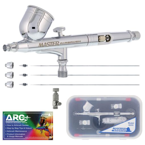 Master Performance G233 Pro Set Master Airbrush with 3 Nozzle Sets (0.2, 0.3 & 0.5mm Needles, Fluid Tips and Air Caps) - Dual-Action Gravity Feed Airbrush, 1/3 oz Cup, Cutaway Handle - How-to-Guide Without Hose