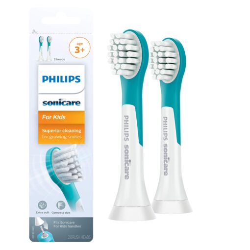 Philips Sonicare for Kids 3+ Genuine Replacement Toothbrush Heads, 2 Brush Heads, Turquoise and White, Compact, HX6032/94 Kids 3+