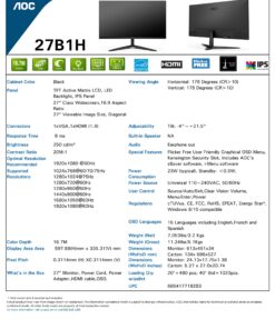 AOC 27B1H 27" Full HD 1920x1080 Monitor, 3-Sided Frameless, IPS Panel, HDMI/VGA, Flicker-free 27 in Full HD Not VESA mount compatible 27 81jJVCrnXCL