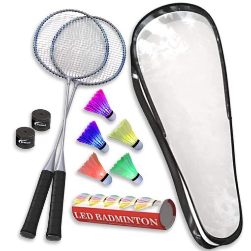 Trained Premium Quality Badminton Rackets, Pair of 2 Rackets, Lightweight & Sturdy, with 5 LED SHUTTLECOCKS, Carrying Bag Included Badminton Racket Set