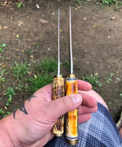 Uncle Henry 153UH Golden Spike Fixed Blade Knife with 5in High Carbon S.S. Blade, Staglon Handle, Sharpening Stone, Full Tang, and Leather Sheath for Hunting, Skinning, Camping, and Outdoors 153UH Golden Spike (Box) 29 81jTptwk5dL