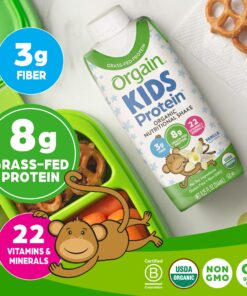 Orgain Organic Kids Nutritional Protein Shake, Vanilla - Kids Snacks with 8g Dairy Protein, 22 Vitamins & Minerals, Fruits & Vegetables, Gluten Free, Soy Free, Non GMO, 8.25 Fl Oz (Pack of 12) Pack of 12 17 81jUF3bV LL