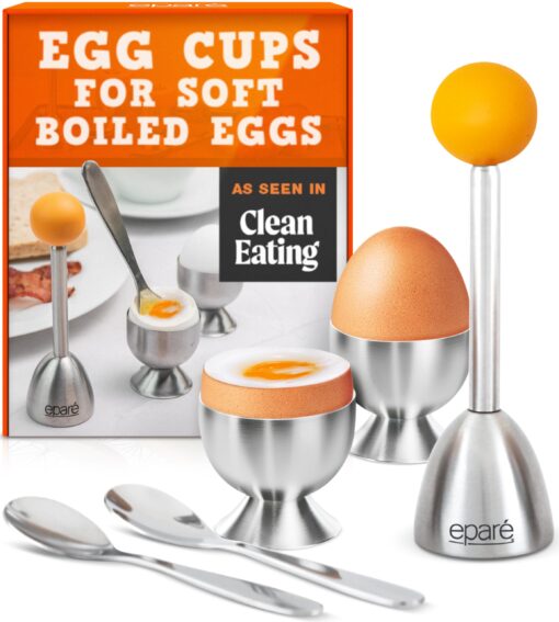 Egg Cups For Soft Boiled Eggs with Spoons - Egg & Cracker Tool Set - Stainless Steel Egg Opener Topper & Cutter - Hard Boiled Egg Holder Tool by Eparé Yellow Rubber Handle