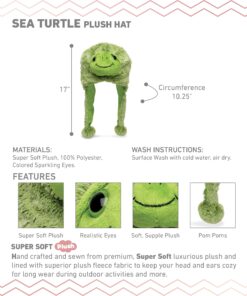 Alternative view of Puzzled Brown Moose Plush Hat - Super Soft Warm Hat with Ear Flaps, Cozy Fleece Winter Hat for Kids & Teens - One Size Medium Green Sea Turtle