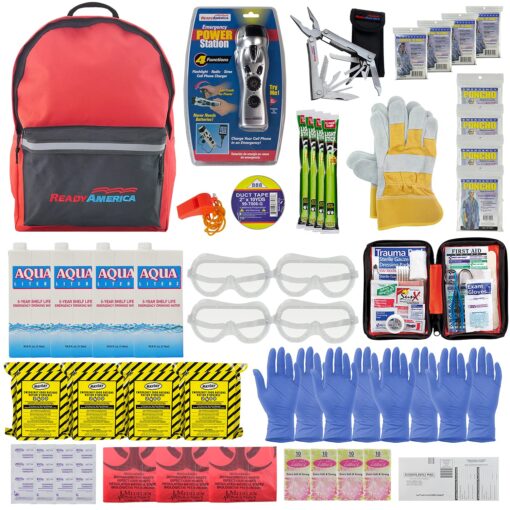 Ready America 72 Hour Deluxe Emergency Kit, 4-Person 3-Day Backpack, First Aid Kit, Survival Blanket, Power Station, Emergency Food, Portable Disaster Preparedness Go-Bag for Earthquake, Fire, Flood 4 Person