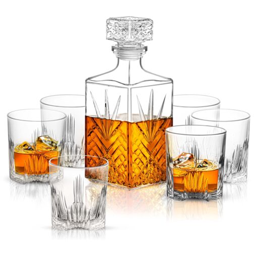 Paksh Novelty Whiskey Decanter Set - 7-Piece Italian Crafted Glass Decanter & Whiskey Glasses Set - Holiday Whiskey Gifts for Men and Women w/ Ornate Stopper and 6 Cocktail Glasses, Red A